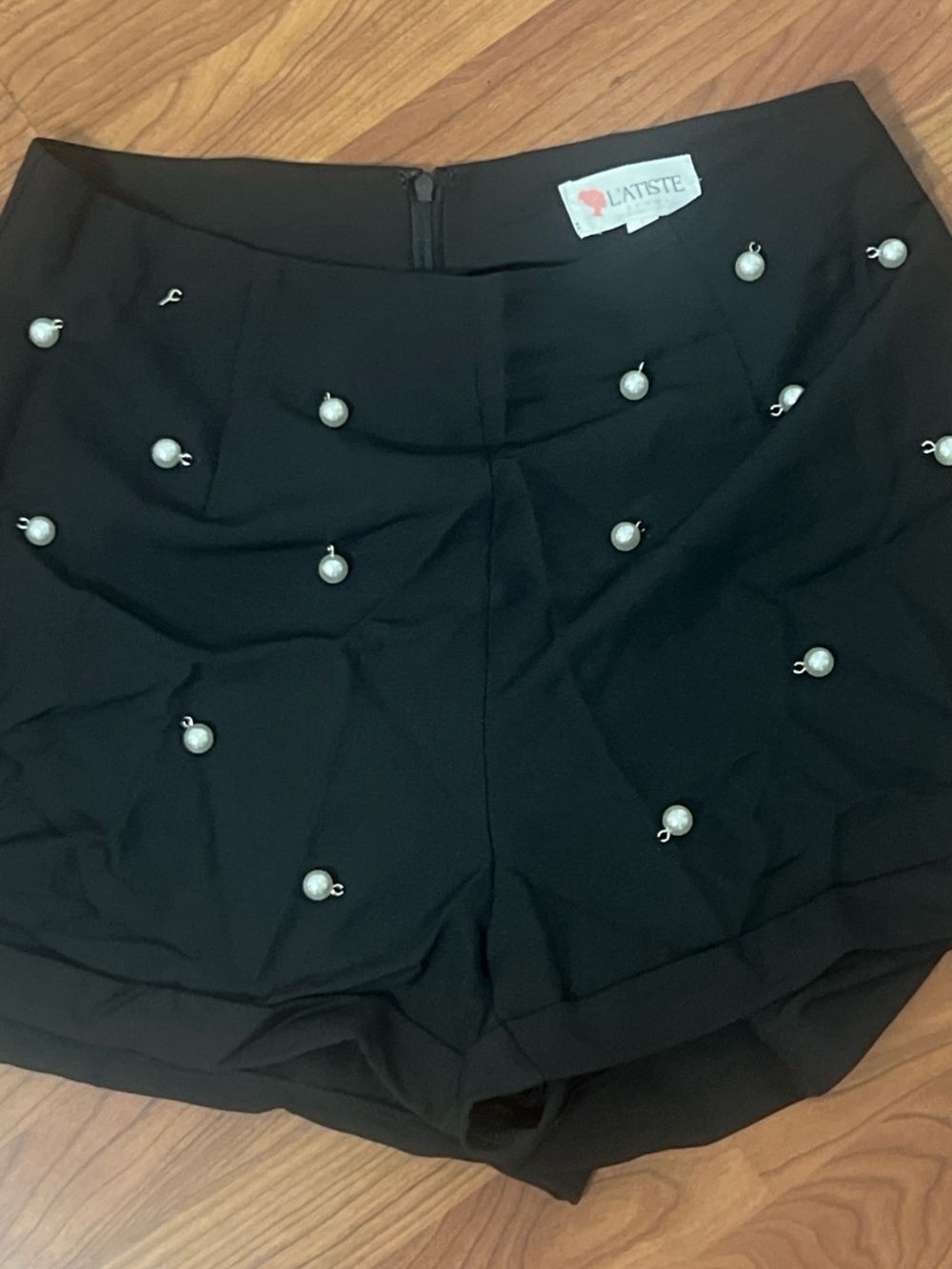 L'ATISTE Black High-Waist Shorts with Pearl Studs
